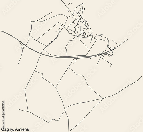 Detailed hand-drawn navigational urban street roads map of the CAGNY COMMUNE of the French city of AMIENS, France with vivid road lines and name tag on solid background