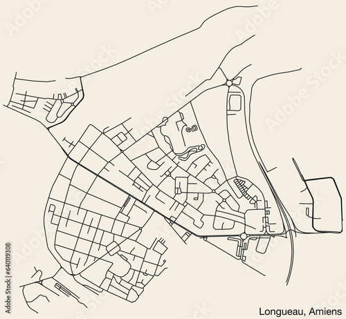 Detailed hand-drawn navigational urban street roads map of the LONGUEAU COMMUNE of the French city of AMIENS, France with vivid road lines and name tag on solid background