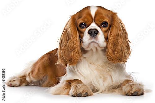 A cavalier king Dog isolated on white plain background