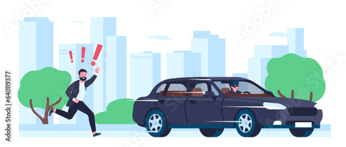 Perpetrator drives away in stolen car. Owner chases him through town. Automobile theft. Angry man running after vehicle. Guy pursuing thief. Gangster stealing transport. Vector concept