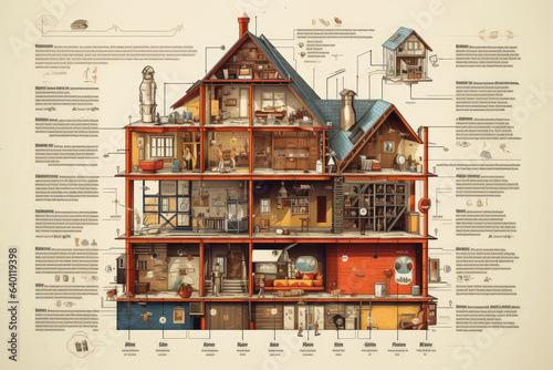 Detailed Infographic of House Building Full Details Anatomy extreme closeup. Generative AI photo