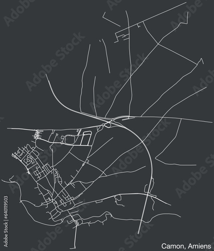 Detailed hand-drawn navigational urban street roads map of the CAMON COMMUNE of the French city of AMIENS, France with vivid road lines and name tag on solid background