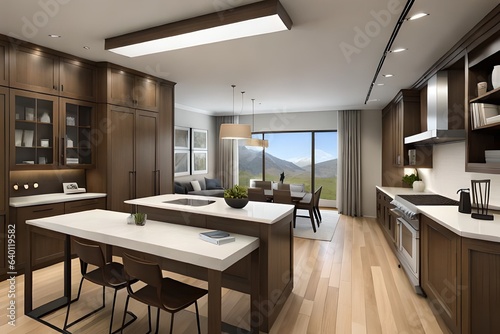 a design proposal that outlines your vision for this space. Describe the layout, furniture, decorations, and how you'll play with different wood tones and finishes to achieve a  inviting environment