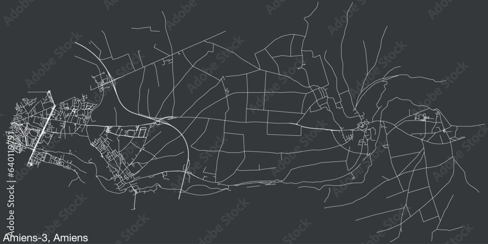Detailed hand-drawn navigational urban street roads map of the AMIENS-3 CANTON of the French city of AMIENS, France with vivid road lines and name tag on solid background