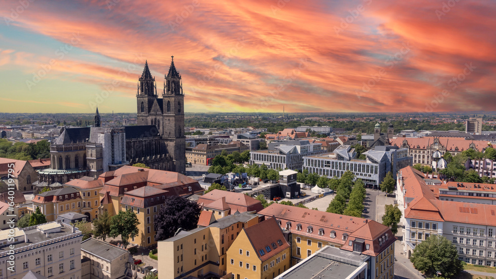 view of the city in magdeburg at sunset