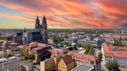 view of the city in magdeburg at sunset