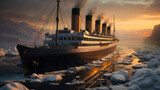 Impressive Cruiseship Titanic Among Ice Floes extreme closeup. Generative AI