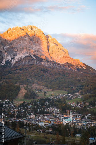 City view of Cortina d Ampezzo at sunset in The Dolomites South Tyrol Italy