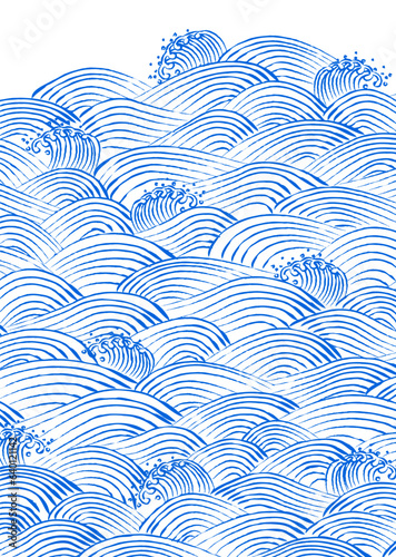 手描き風の日本の波模様ベクターイラスト素材　白地に青波