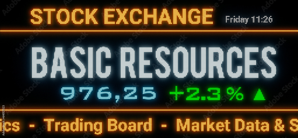 Basic Resources index. Stock market data, basic resources stocks price information and percentage changes on a screen. Stock exchange, business, sector index and trading concept. 3D illustration