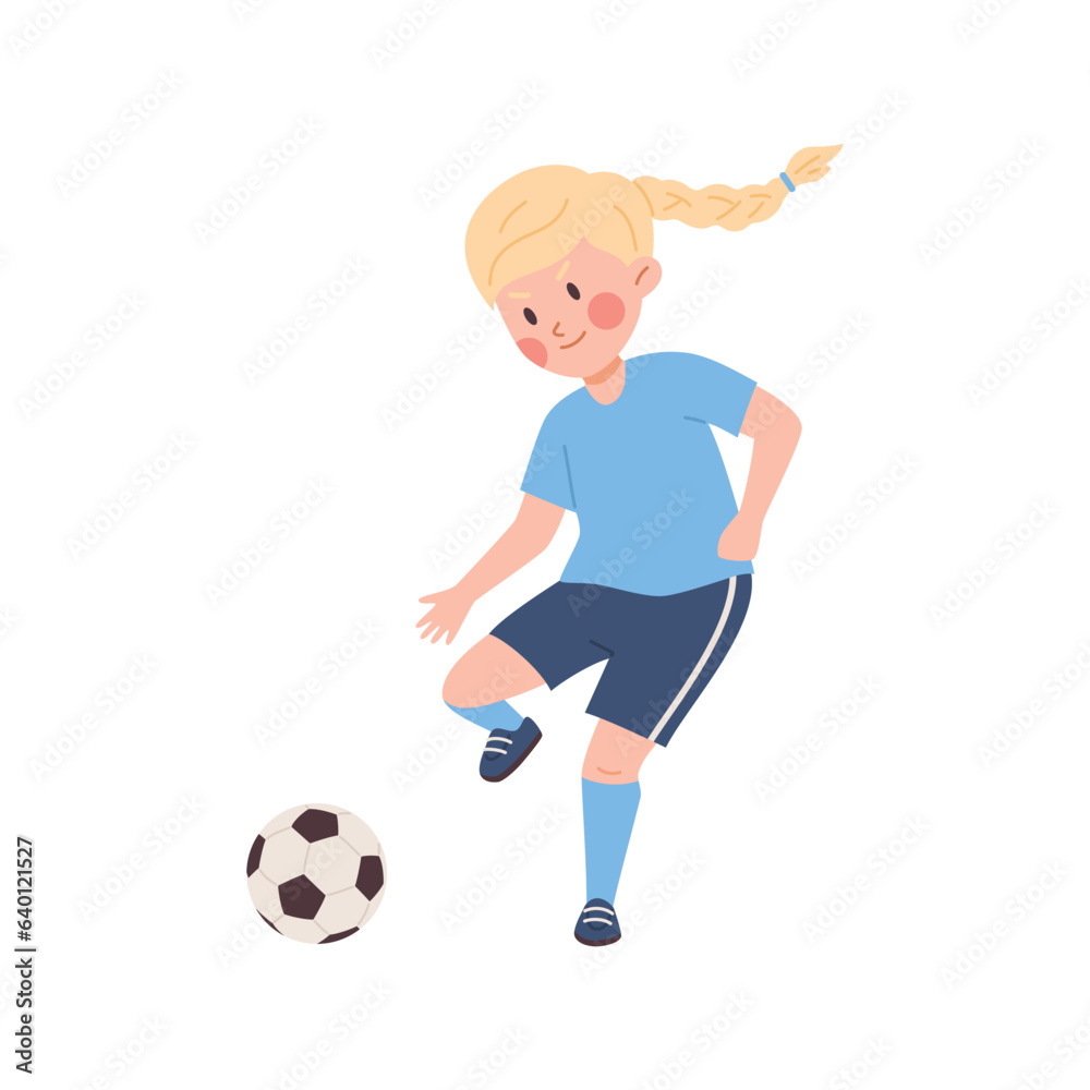 Young girl blonde with pigtail playing soccer, football cartoon child kicks the soccer ball vector isolated illustration
