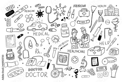 Cute set of healthcare and medicine vector illustration. Health, pill, pharmacy, ambulance, doctor. Vector illustrations EPS 10 in doodle style. 