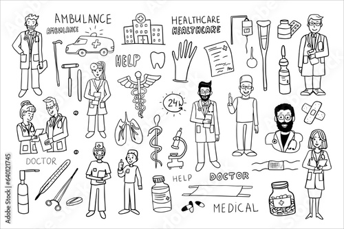 Big set of healthcare and medicine vector illustration in doodle style.  Health, pill, pharmacy, ambulance, doctor. Vector illustrations EPS 10.