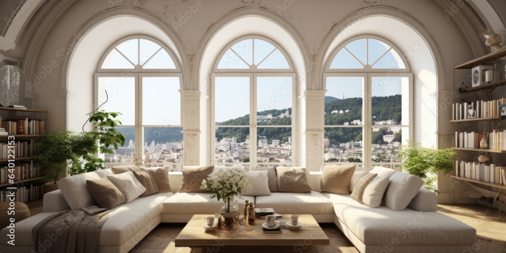 Arched window in apartment. Interior design of modern living room
