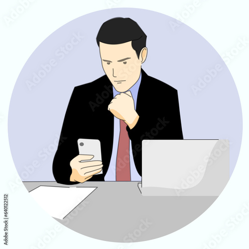 Business man office worker siting reading using cellphone