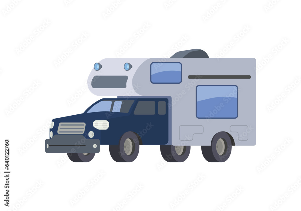 Camper van, recreational vehicle, mobile auto house with windows, vector transportable dwelling for road travel, journey
