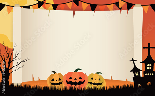コピースペースのあるおしゃれ手描き風パンプキンと満月の夜のかぼちゃハロウィンベクターフレーム素材_オレンジ