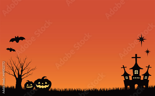コピースペースのあるシンプルな手描き風シルエットパンプキンハロウィンベクターフレーム・背景素材_横長