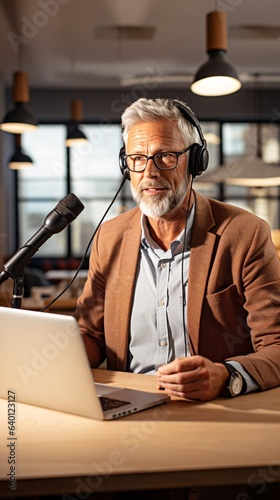 an older man with deep-set lines of wisdom on his face, speaking into a podcast microphone, with a sleek laptop and notes strewn about