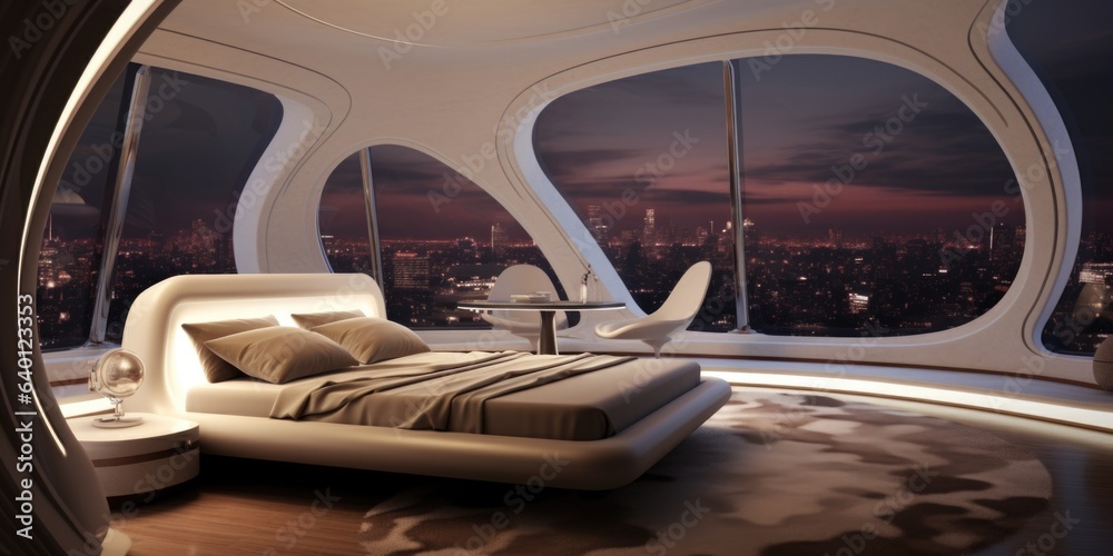 Futuristic interior design of modern bedroom with ellipse shaped windows