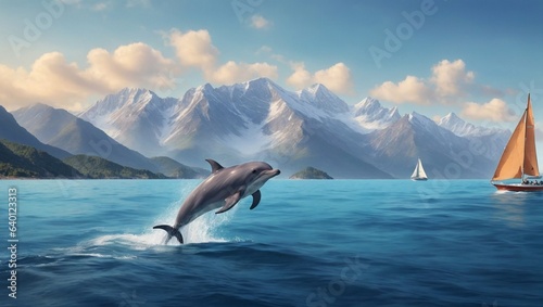 A dolphin swimming alongside of sail boat in river