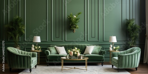  Green velvet sofa and armchairs in room with paneling walls. Interior design of neoclassical living room.