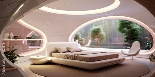 Futuristic interior design of modern bedroom with ellipse shaped windows © Interior Design