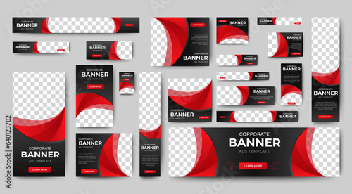 set of creative web banners of standard size with a place for photos. black and red. Business ad banner. Vertical, horizontal and square template.	
