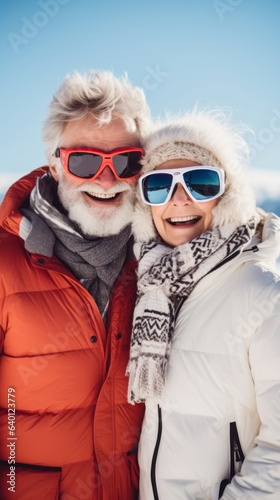 Happy Elderly Couple at Ski Resort. Generative AI