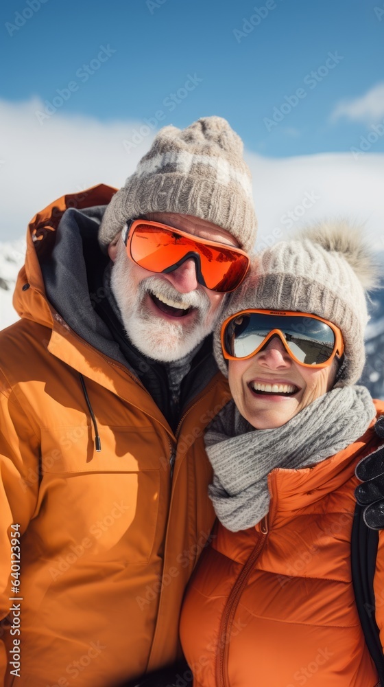 Happy Elderly Couple at Ski Resort. Generative AI Happy Elderly Couple at Ski Resort. Generative AI