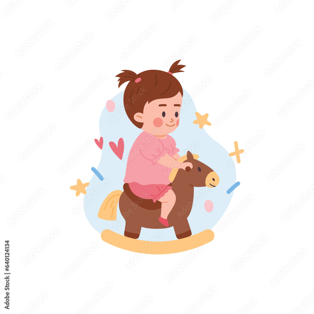 Little baby girl riding on toy horse, cartoon flat vector illustration isolated on white background. Little baby girl riding on toy horse, cartoon flat vector illustration isolated on white background.
