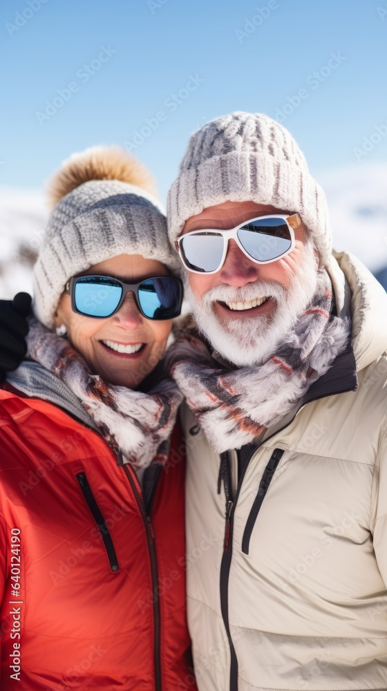 Happy Elderly Couple at Ski Resort. Generative AI Happy Elderly Couple at Ski Resort. Generative AI