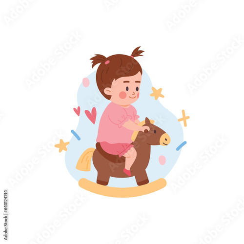 Little baby girl riding on toy horse, cartoon flat vector illustration isolated on white background.