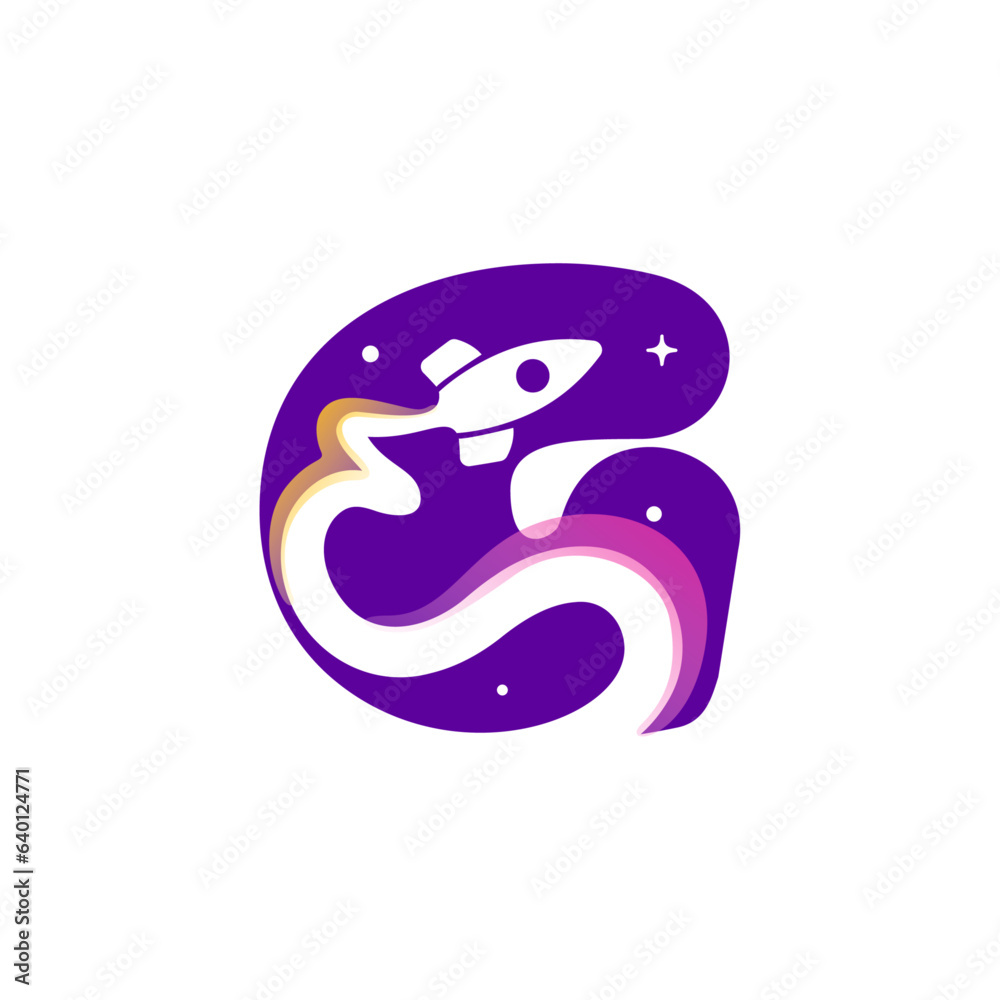 Letter G logo with rocket launch trail, planets, and stars. Negative space style icon. Vector typeface for science identity, planet travel app, chemistry posters, jet company, and biology advertising. Letter G logo with rocket launch trail, planets, and stars. Negative space style icon. Vector typeface for science identity, planet travel app, chemistry posters, jet company, and biology advertising.
