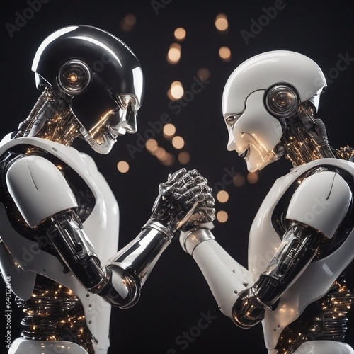 Two cyborg robots holding hands, greeting, handshake gesture, male, female, smile, AI, camaraderie, futuristic, scifi, black background