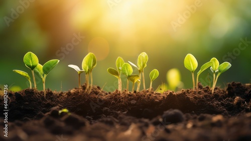Seedlings are growing on soil in the morning sunlight that is shining, ecology concept created with Generative AI