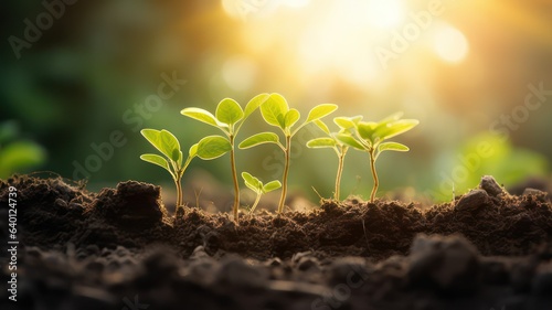 Seedlings are growing on soil in the morning sunlight that is shining, ecology concept created with Generative AI