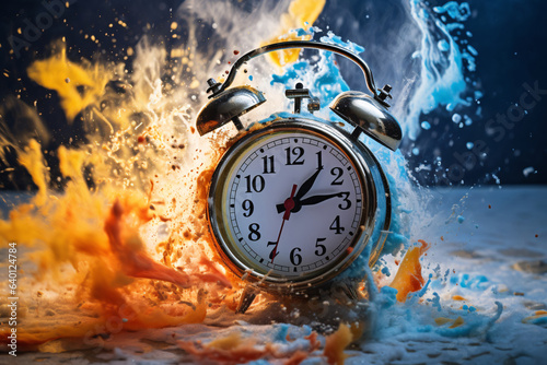 A Surreal Representation Of A Dissolving Alarm Clock  Symbolizing The Transient Nature Of Time  The Object Seems To Be Disintegrating Or Melting  Giving An Abstract Feeling
