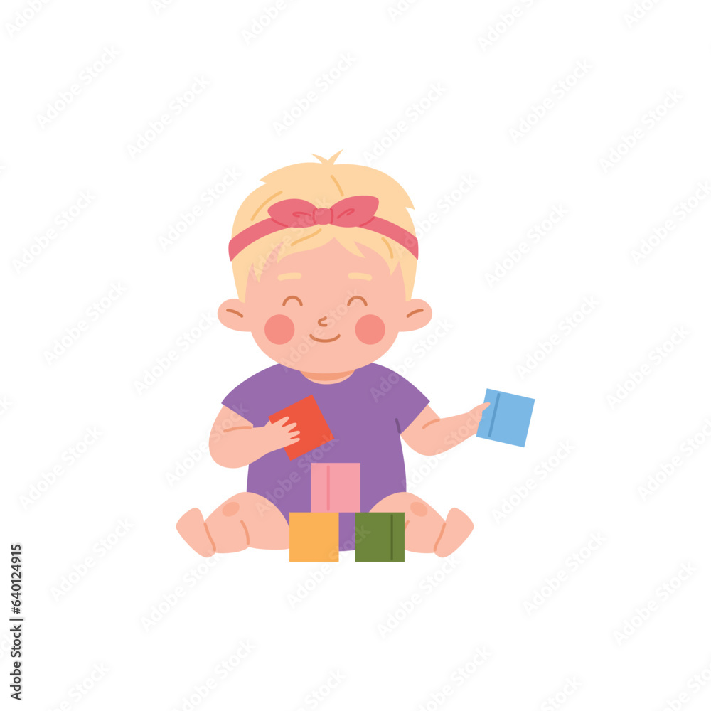 Cute baby playing with colorful cubes, cartoon flat vector illustration isolated on white background.