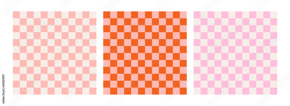 Colorful trendy checkerboard square seamless pattern collection. Set of geometric modern pastel square background in vintage style. Funky hippie fashion textile print, retro background