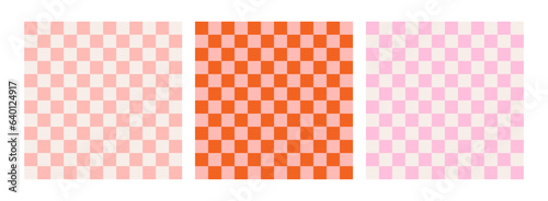 Fototapeta Naklejka Na Ścianę i Meble -  Colorful trendy checkerboard square seamless pattern collection. Set of geometric modern pastel square background in vintage style. Funky hippie fashion textile print, retro background 