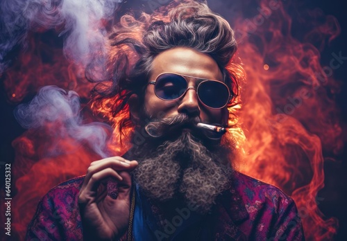 A man with a beard smokes