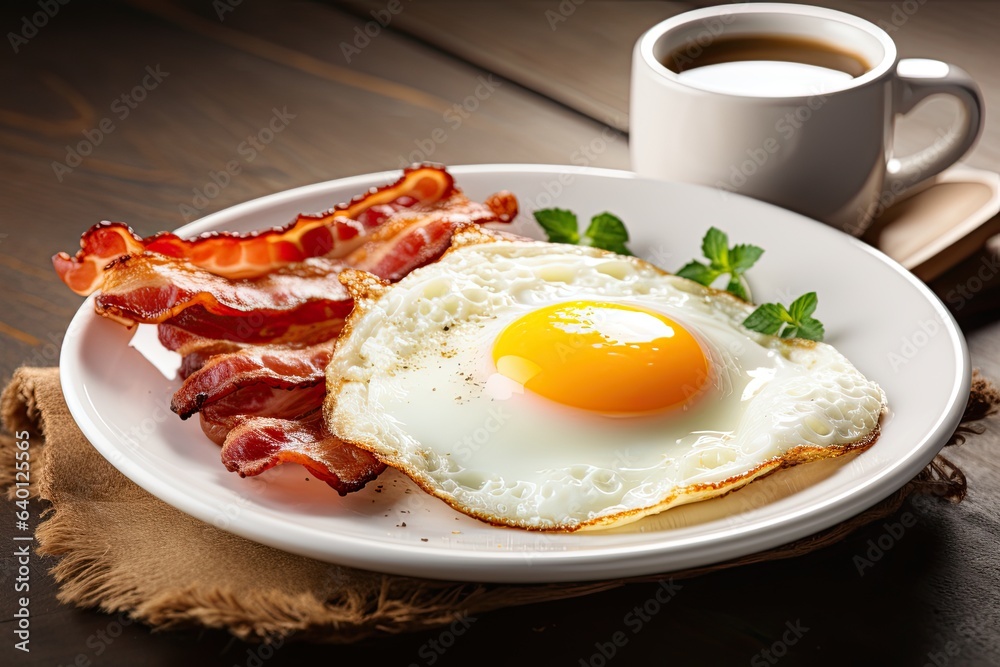 Sunny Fried eggs, beside roasted bacon with a cup cofee isolated on white background Sunny Fried eggs, beside roasted bacon with a cup cofee isolated on white background
