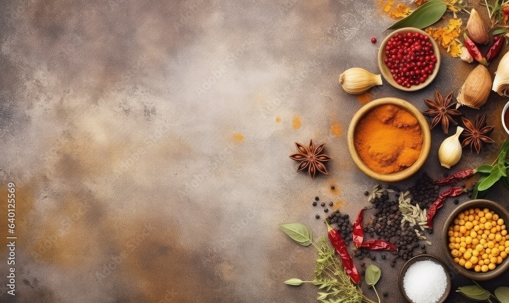 Fototapeta premium Cooking banner. Background with spices and vegetables. Top view. Free space for your text . Generative AI