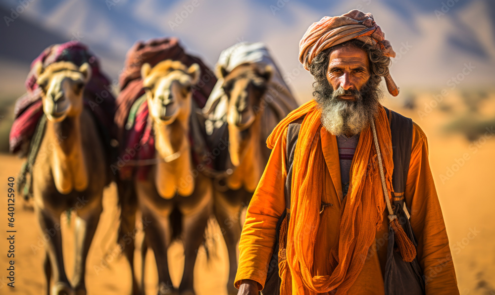 A Man Leading Two Camels Through the Desert, a Way to Experience the Beauty and Mystery of the Sahara