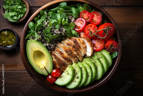 Healthy salad bowl with quinoa, tomatoes, chicken, avocado, lime and mixed greens, lettuce, parsley on wooden background top view. Food and health