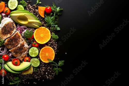 Buckwheat, pumpkin, chicken fillet, avocado, carrots. On a black background. Top view. Free space for your text