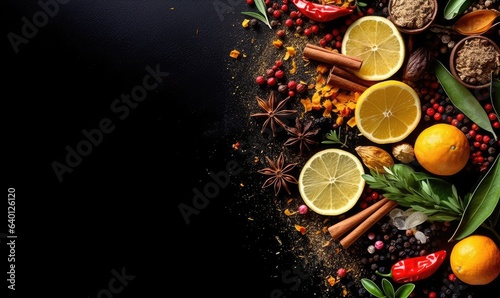 Spices on black background space for text