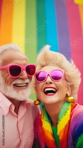 Happy Elderly Couple with Rainbow Background. Generative AI