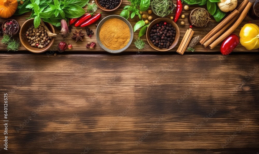 wood background, with space for text, herbs, spices, olive oil, salt, and vegetables. Slate and wood background. Top view